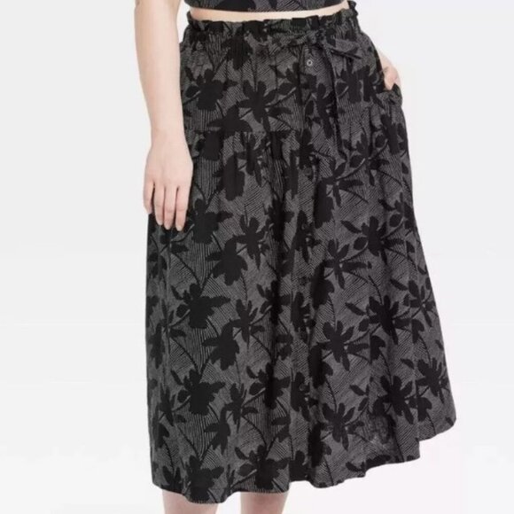 Universal Thread Tie Waist Button Front Black White Floral Midi Skirt XXL #32 - Picture 1 of 8